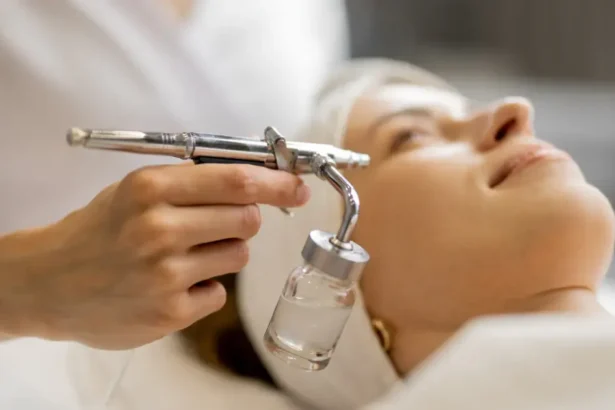 A female salonoist doing Oxygen Spray Facials with advance tools